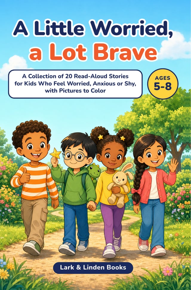 Cover of A Little Worried, a Lot Brave: four smiling kids walking together on a sunny park path