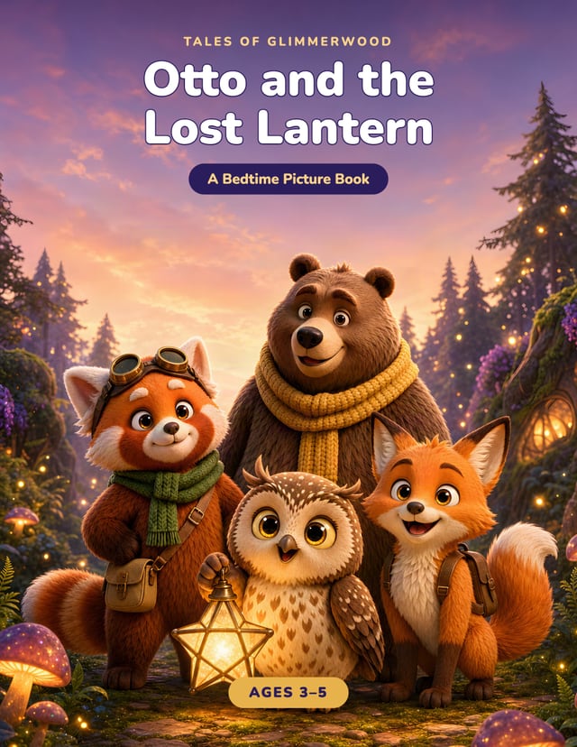 Cover of Otto and the Lost Lantern: a red panda, a bear, an owl holding a star lantern and a fox in a glowing forest